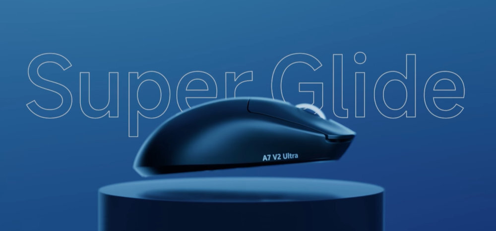 Mysz MCHOSE A7 V2 Pro A7 V2 Pro 59 g niska waga szybkie flicki i płynne ruchy powłoka Super Glide Coating Duże ślizgacze PTFE - mysz na niebiskim tle, z tyłu napis super glide