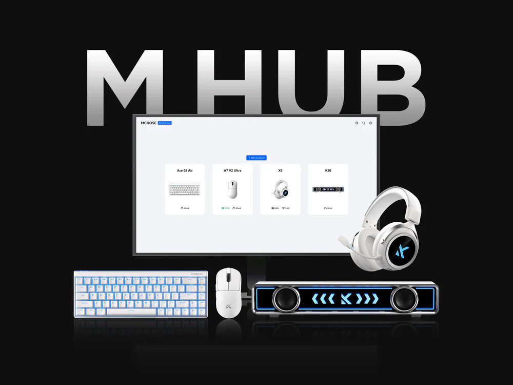 Mysz MCHOSE A7 V2 Pro Oprogramowanie M-HUB MCHOSE A7 V2 Pro dostosować DPI, polling rate, mapowanie przycisków, makra oraz efekty podświetlenia monitorować poziom naładowania baterii Intuicyjny interfejs - zrzut ekranu z oprogramowania, obok mysz, słuchawki, klawiatura