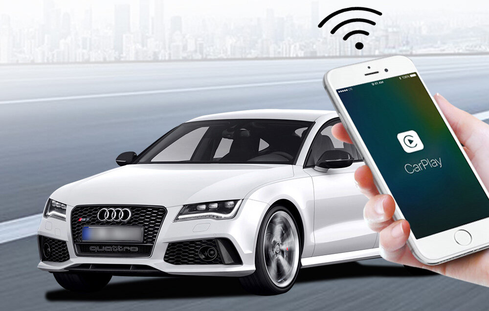 Adapter CARLINKIT CPC200-U2W Plus - Bezprzewodowe CarPlay w aucie, smartfon w ręku, samochód w tle