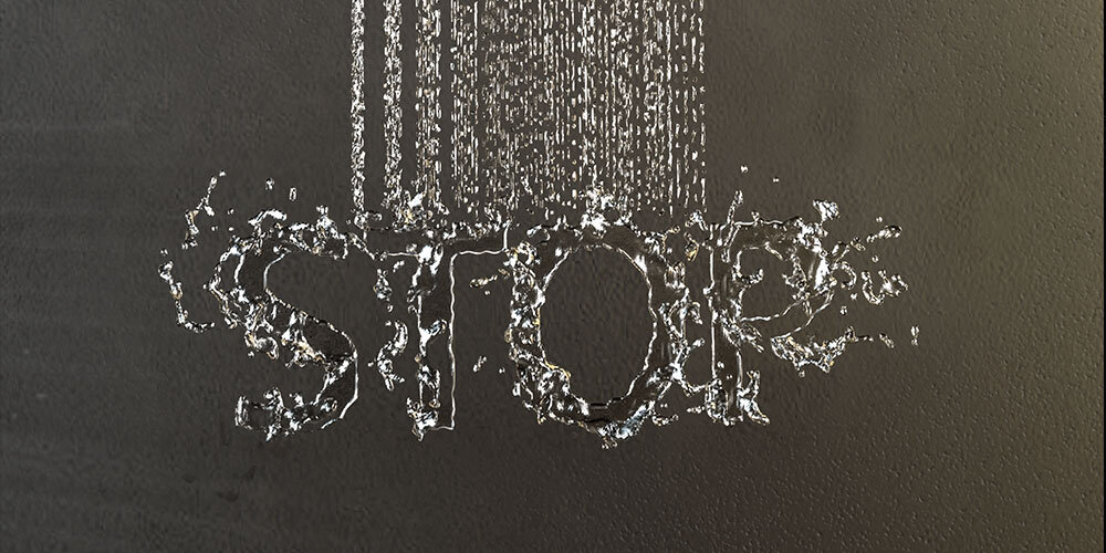 ZMYWARKA SIEMENS SN63EX03ME Zdjęcie przedstawia słowo „STOP” uformowane z padających strug wody. Efekt wizualny symbolizuje funkcję automatycznego zatrzymywania dopływu wody lub ochrony przed wyciekiem aquaStop ochrona przed zalaniem kontrola wody bezpieczeństwo użytkowania system zabezpieczeń