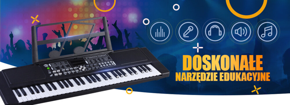 Na zdjęciu znajduje się keyboard z nutownikiem na tle kolorowej grafiki z ikonami muzycznymi. Widoczny tekst to \'DOSKONAŁE NARZĘDZIE EDUKACYJNE\'.