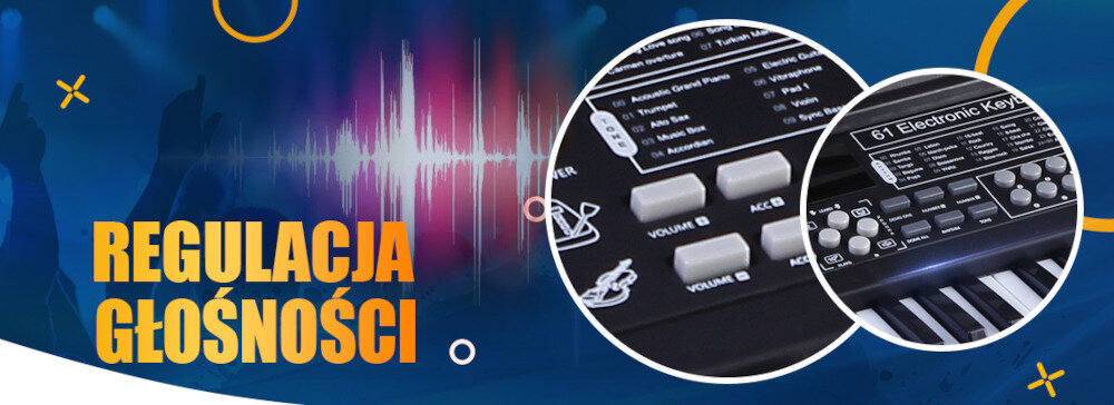 Grafika przedstawia fragmenty klawiatury z widocznymi przyciskami i napisem \'61 Electronic Key\'. Po lewej stronie widnieje tekst \'REGULACJA GŁOŚNOŚCI\'.