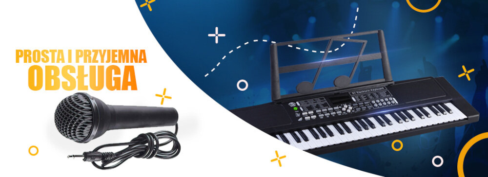 Na zdjęciu znajduje się czarny mikrofon z kablem oraz klawiatura muzyczna z nutami na stojaku. Widoczny tekst to \'PROSTA I PRZYJEMNA OBSŁUGA\'.