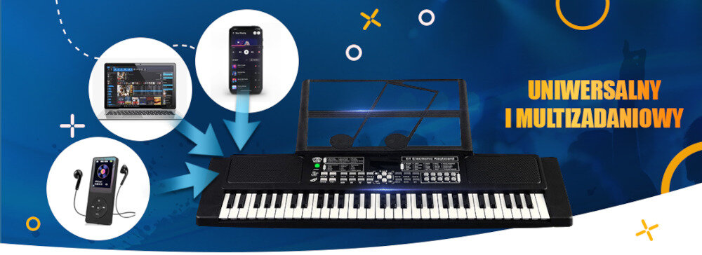 Na zdjęciu znajduje się keyboard z widocznymi klawiszami i panelem sterowania. Obok widnieje napis \'UNIWERSALNY I MULTIZADANIOWY\'.