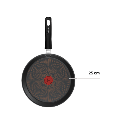 Czarna patelnia z czerwonym okrągłym wskaźnikiem na środku powierzchni, z uchwytem z napisem \'Tefal\'.