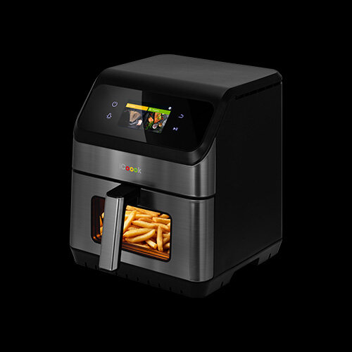 Czarna frytkownica beztłuszczowa z wyświetlaczem dotykowym i logo \'icook\'. W dolnej części urządzenia widoczna jest przezroczysta szuflada z frytkami.