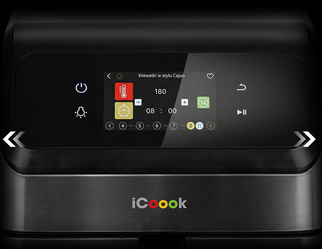 Zbliżenie na ekran frytkownicy iCoook MFR-IC-01 z widocznymi kolorowymi przyciskami.