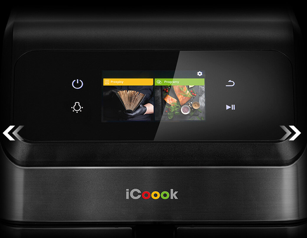 Zbliżenie na ekran frytkownicy iCoook MFR-IC-01 z widocznymi zdjęciami gotowych dań.