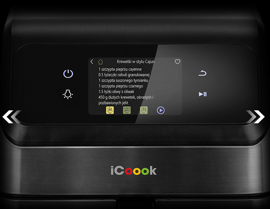 Zbliżenie na ekran frytkownicy iCoook MFR-IC-01 z widocznym tekstem.