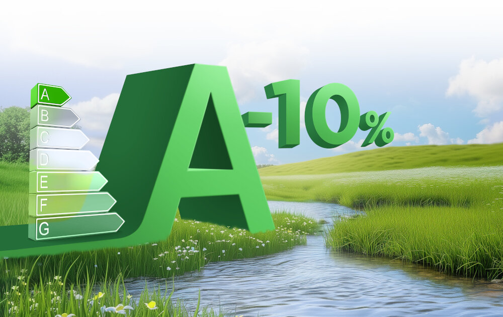 PRALKA TCL FF1024WA0PL Grafika przedstawia duże zielone „A-10%” oraz pionową skalę klas energetycznych A–G na tle łąki z rzeką, symbolizując wysoką efektywność energetyczną w zgodzie z naturą klasa energetyczna A niskie zużycie prądu oszczędność wody ekologia domowy budżet