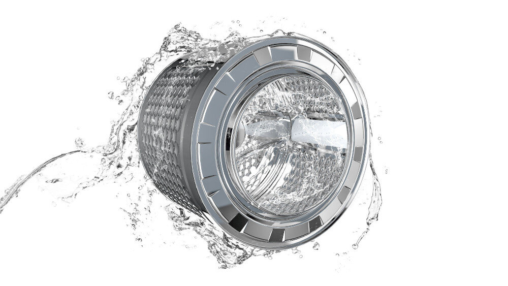 PRALKA TCL FF1024WA0PL Ujęcie obrotowego bębna pralki wypełnionego wodą, otoczonego rozbryzgami, podkreślające intensywne płukanie i skuteczne usuwanie zabrudzeń Drum Clean czyszczenie bębna higiena pralki usuwanie bakterii dłuższa żywotność