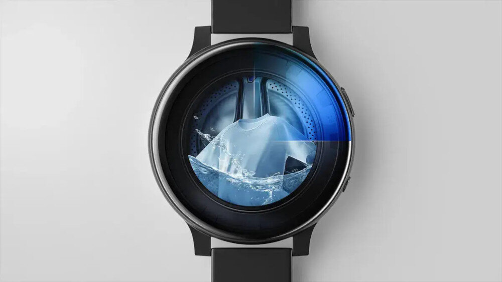 PRALKA TCL FF0824WA1PL Grafika przedstawia okrągły smartwatch, w którego tarczy widoczny jest bęben pralki z zanurzoną w wodzie koszulą, symbolizujący zdalne sterowanie praniem z poziomu zegarkaszybkie pranie 15 minut oszczędność czasu ekspresowe odświeżanie ubrań