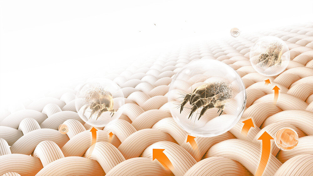 PRALKA TCL FP0944WA0PL Grafika przedstawia silnie powiększoną strukturę splotu tkaniny, z której unoszą się w górę pomarańczowe strzałki oraz przezroczyste bańki z roztoczami, co symbolizuje skuteczne usuwanie alergenów z włókien podczas prania Anti-mites usuwanie roztoczy alergeny tkaniny wrażliwa skóra alergicy zdrowe pranie higiena