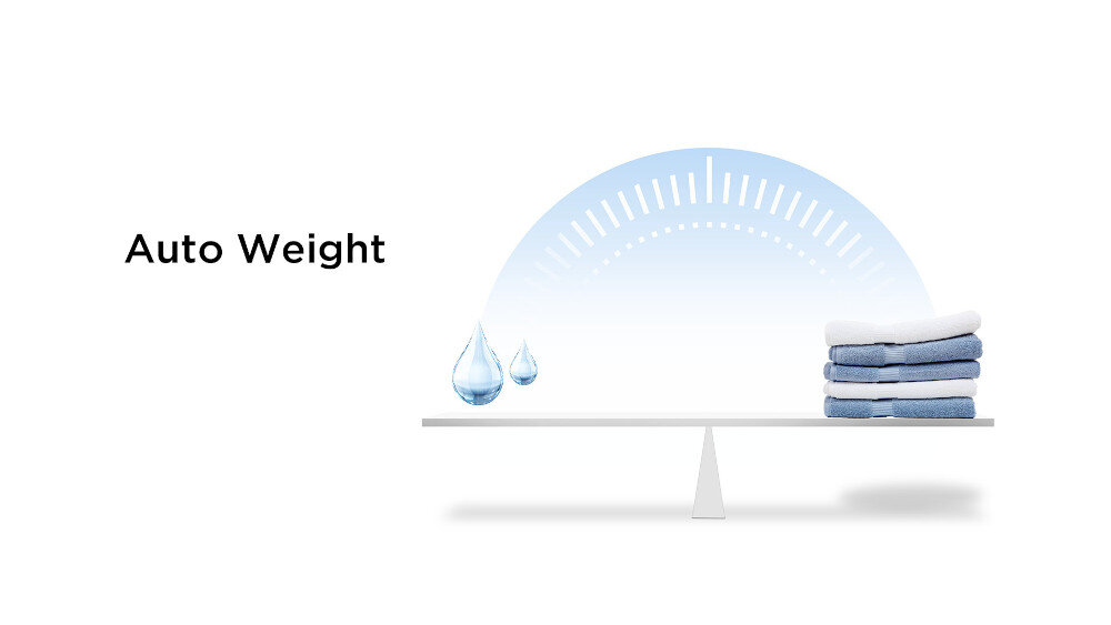 PRALKA TCL FF0924SA0PL Na białym tle widoczny jest napis „Auto Weight” oraz grafika wagi z kroplami wody po jednej stronie i stosikiem ręczników po drugiej, symbolizująca automatyczne dopasowanie ilości wody do załadunku Auto Weight automatyczne ważenie załadunku dopasowanie wody i czasu oszczędność energii oszczędność wody optymalne pranie