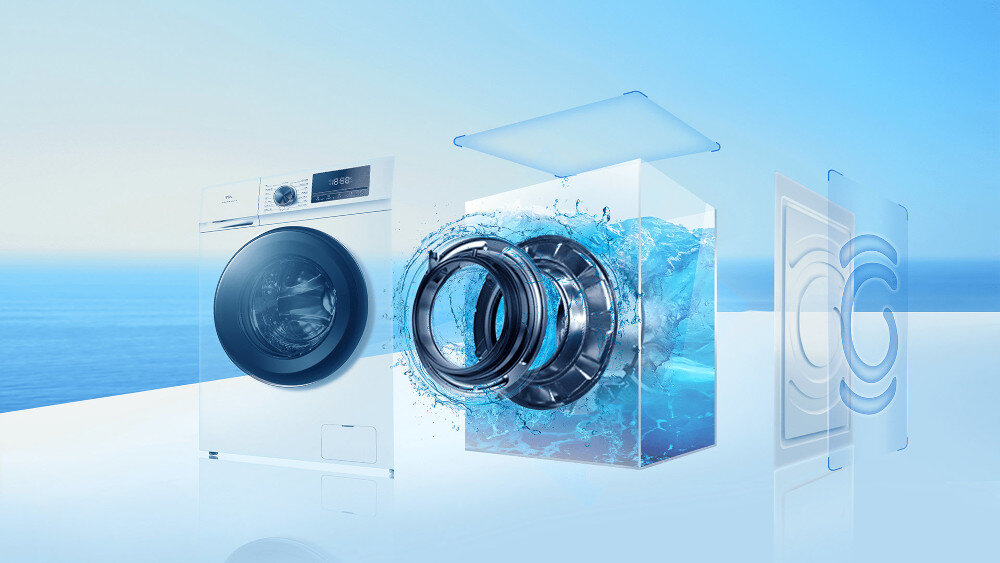 PRALKA TCL FF0714WA1PL Grafika prezentuje pralkę ładowaną od frontu na tle błękitnego nieba i morza oraz schematycznie pokazany bęben z wodą i pierścieniami, symbolizujący działanie silnika inwerterowego silnik inwerterowy BLDC cicha praca wysoka wydajność długa żywotność oszczędność energii