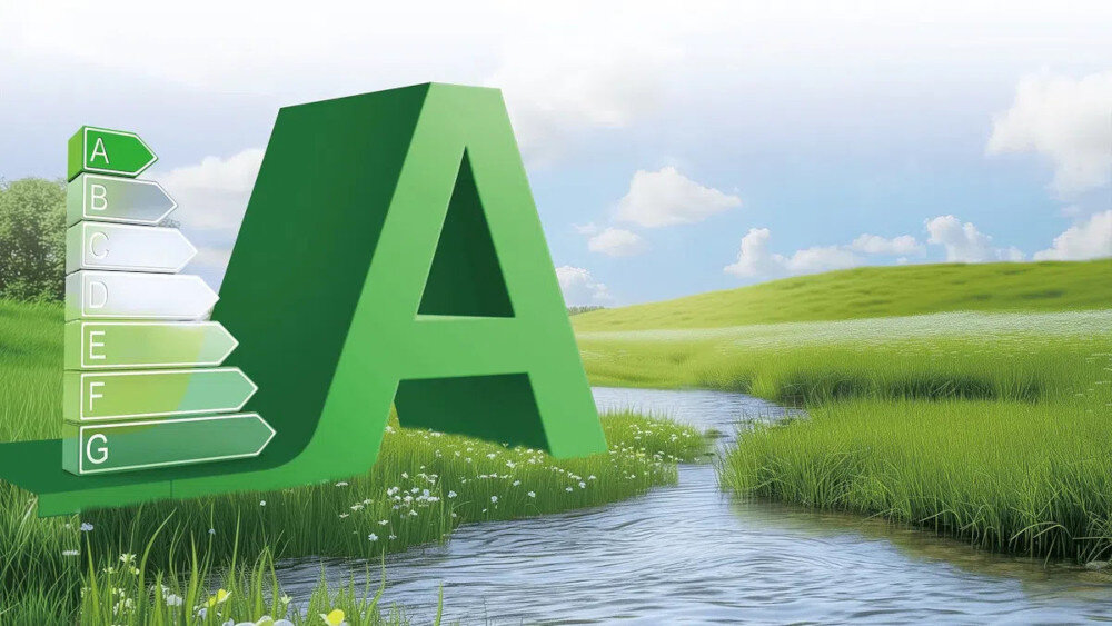 PRALKA TCL FF0714WA1PL Grafika przedstawia duże zielone „A” oraz pionową skalę klas energetycznych A–G na tle łąki z rzeką, symbolizując wysoką efektywność energetyczną w zgodzie z naturą klasa energetyczna A niskie zużycie prądu oszczędność wody ekologia domowy budżet