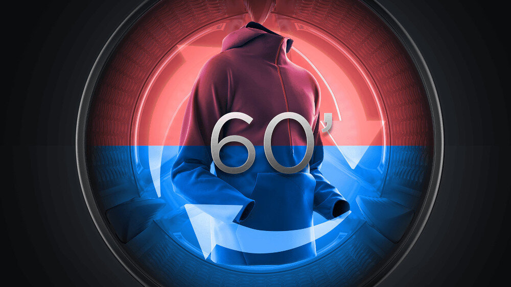 PRALKO-SUSZARKA TCL CP1012SA0PL Grafika przedstawia bluzę w bębnie pralki, z górą zaznaczoną na czerwono, dołem na niebiesko oraz dużym napisem „60°”, symbolizującym pranie w wysokiej temperaturze dla dokładnego odświeżenia odzieży Wash & Dry 60' pranie i suszenie 60 minut szybkie pranie ekspresowe odświeżanie wygoda