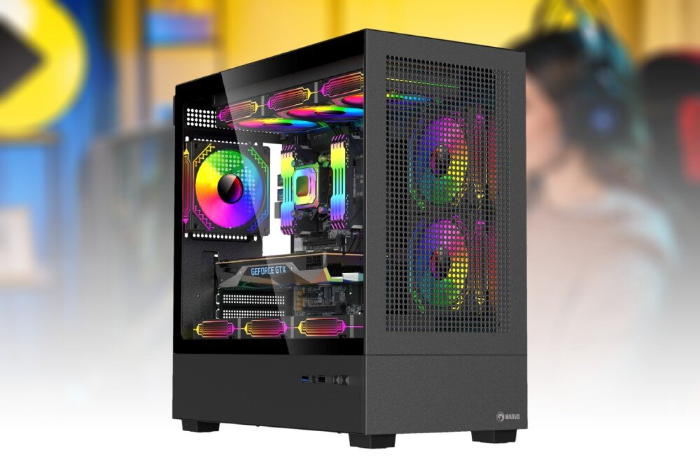 Komputer MAD DOG MD-I03WR32WP Czarna obudowa do komputera z przednim panelem wykonanym z metalowej siatki oraz szklanym panelem bocznym ukazującym podświetlone podzespoły