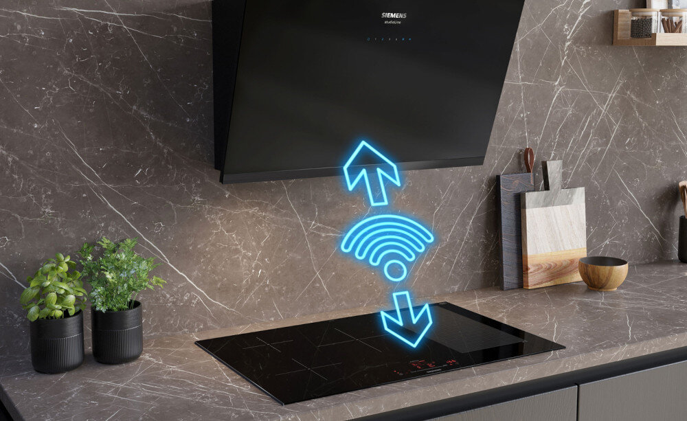 Płyta indukcyjna SIEMENS ED851HWB1E lifestyle połączenie wizualizacja okap płyta łączenie Wi-Fi automatyczna aktywacja dezaktywacja moc oświetlenie Synchronizacja połączenie płyt okap aplikacja