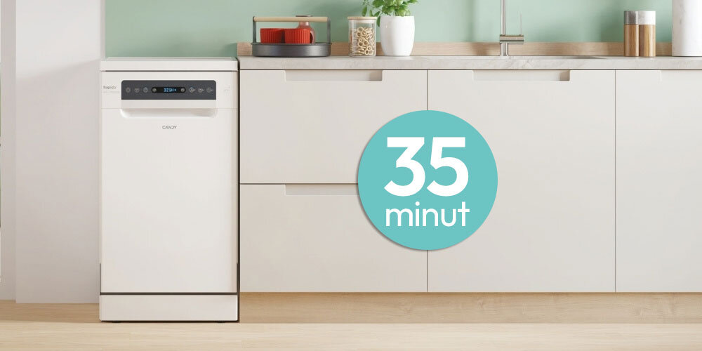 ZMYWARKA CANDY RAPIDO CF0C7SB0FW lifestyle kuchnia zabudowa infografika czas front zamknięta panel wyświetlacz białe szafki kuchenne Program szybki 35' szybkie Błyskawiczne mycie krótszy czas