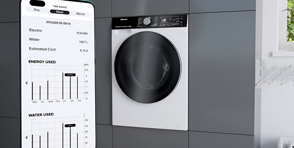 PRALKO-SUSZARKA HISENSE WD5S1045BW aplikacja monitorowanie oszczędność pieniędzy