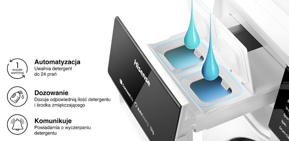 PRALKO-SUSZARKA HISENSE WD5S1045BW automatycznie dobiera waga wykrywanie miesiąc 24 prania Auto Dosing