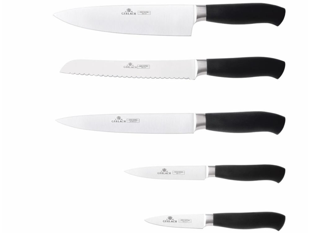 Zestaw noży GERLACH Pure (5 elementów) uniwersalny elegancki zestaw 5 noży różnej wielkości blok elegancja funkcjonalność stal nierdzewna dodatek chromu trwałośc odpornośc na korozję i odkształcenia