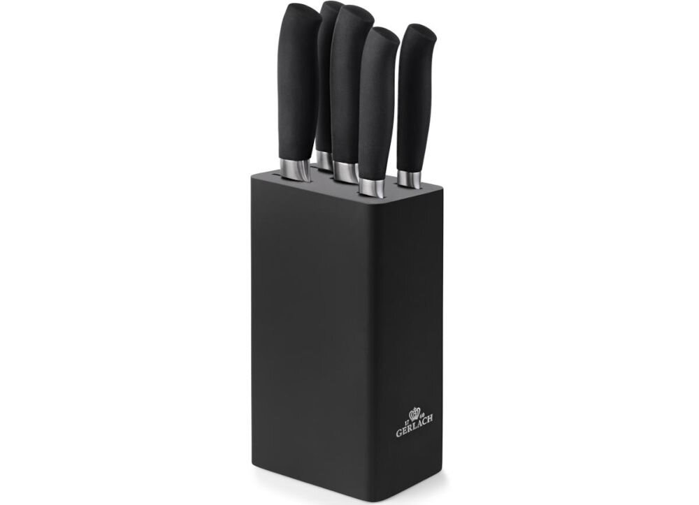 Zestaw noży GERLACH Pure (5 elementów) stalowa rękojeść ergonomiczne antypoślizgowe tworzywo ABS wygoda pewność chwytu blok naturalne drewno bukowe wypełnienie łatwe wyciąganie mycie zalecane mycie ręczne dobry stan przez długi czas