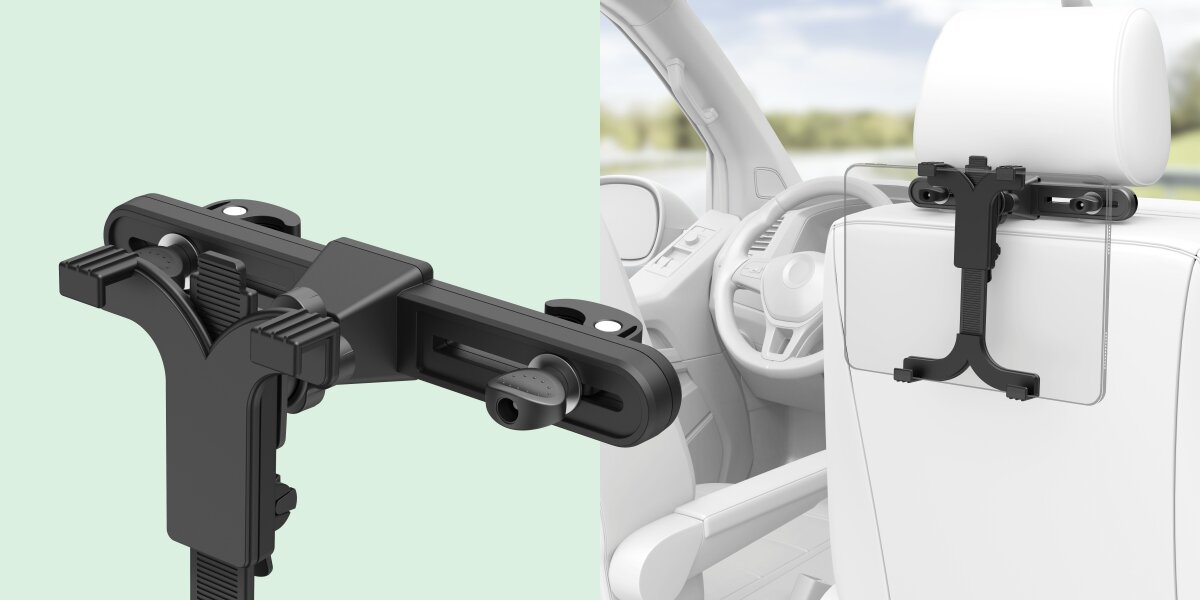 Uchwyt samochodowy do tabletu HAMA Regulowana obejma tabletów o przekątnej od 7 do 14,6 trzymany stabilnie i bezpiecznie - uchwyt na jasnozielonym tle i w aucie