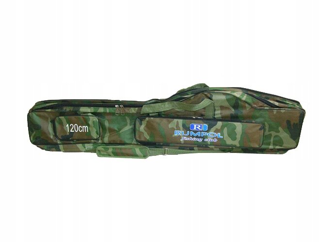 Pokrowiec wędkarski w kolorze moro z napisem \'120cm\' oraz logo \'RUMPOL Fishing club\'.