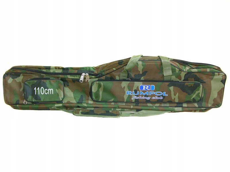 Pokrowiec na wędki w kolorze moro z trzema komorami i napisem \'110cm\' oraz \'Rumpol Fishing Club\'.