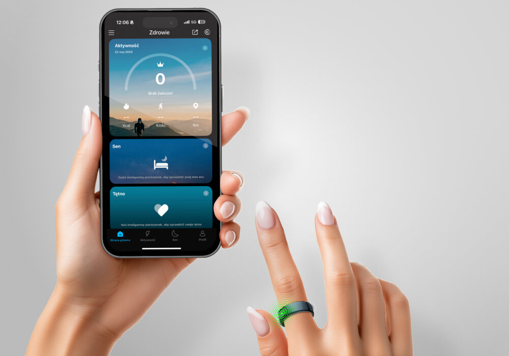 Smartring FOREVER Astral SR-100 na palcu i sterowanie aplikacją QRing z App Store lub Google Play chipset REALTEK