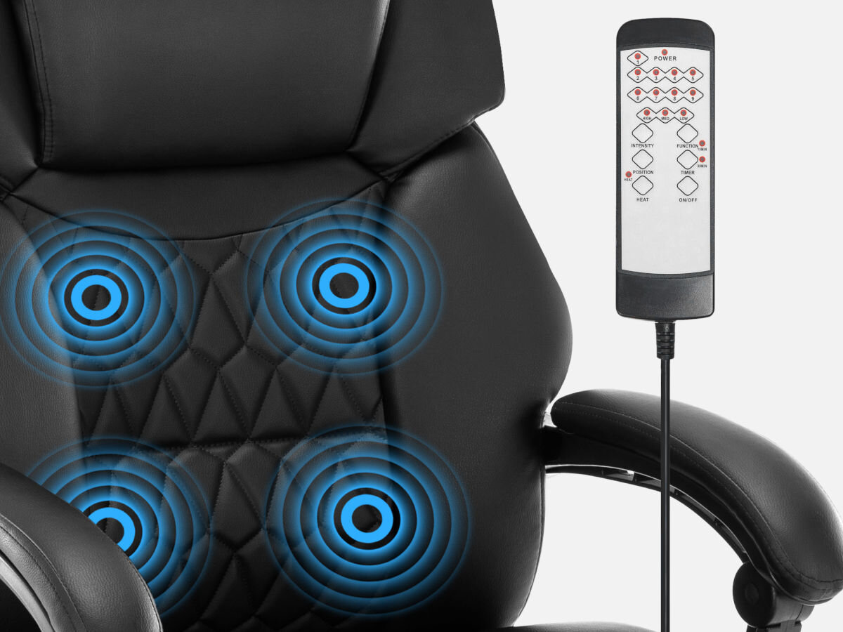 Fotel MARK ADLER Boss 6.0 Czarny, oparcie, wibracje, intensywność, podgrzewanie, na białym tle zbliżenie na oparcie fotela i wizualizacja punktów oraz obok pilot