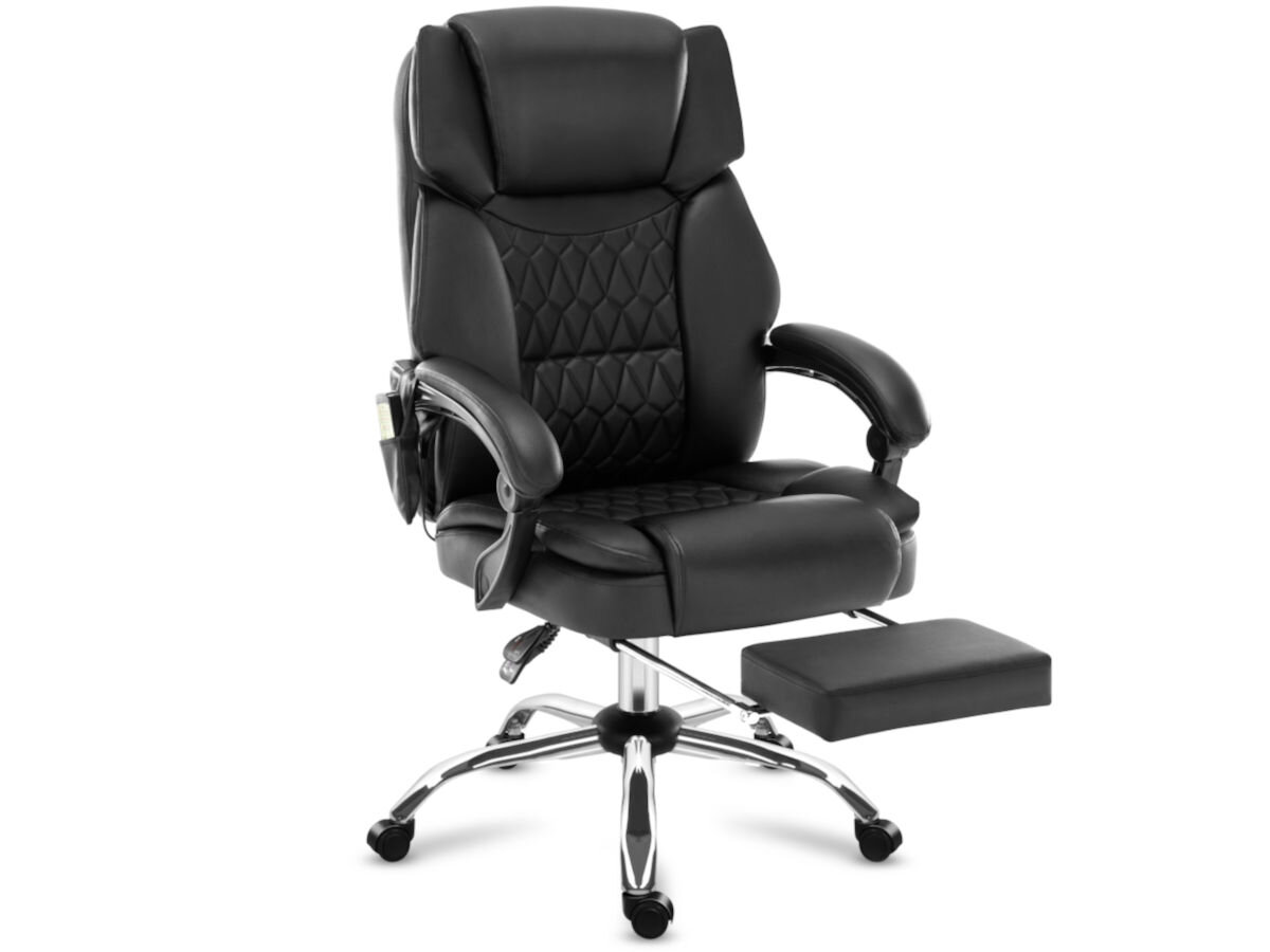 Fotel MARK ADLER Boss 6.0 Czarny, pilot, tryb, dopasowanie, działanie, timer, na białym tle fotel z rozstawionym podnóżkiem frontem lewo skos