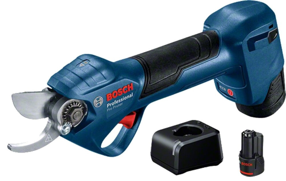 Sekator akumulatorowy BOSCH Pro Pruner 06019K1021 zestaw na białym tle w zestawie sekator dwa akumulatory ładowarka dokumentacja