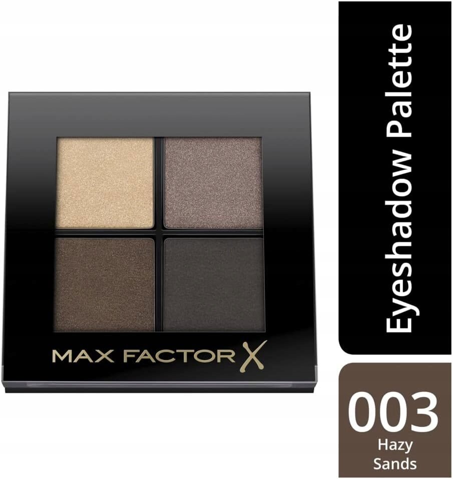Czterokolorowa paleta cieni do powiek w odcieniach beżu i brązu z logo \'MAX FACTOR X\'. Obok znajduje się napis \'Eyeshadow Palette\' oraz oznaczenie \'003 Hazy Sands\'.