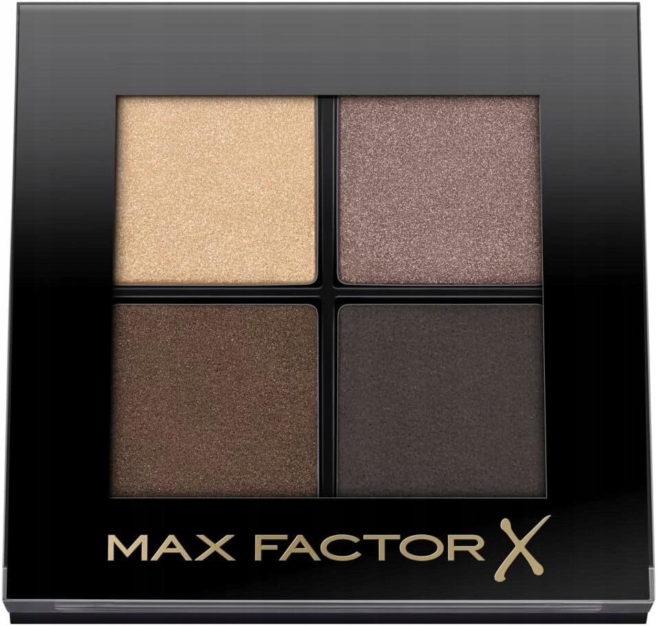 Czterokolorowa paleta cieni do powiek w odcieniach beżu i brązu. Na opakowaniu widnieje napis \'MAX FACTOR X\'.
