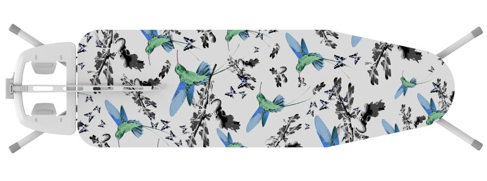 Deska do prasowania RORETS Connect Kolibri Blue 120 x 38 cm funkcja regulacji wysokości od 75 do 97 cm dopasowanie do wzrostu użytkownika zwiększony komfort podczas prasowania podstawa z ocynkowanego drutu trwałość stabilność nogi rurek przekrój 22 mm solidność waga 5,5 kg łatwe przenoszenie blokada przed przypadkowym rozłożeniem przechowywanie w bezpieczny sposób lakierowane w kolorze białym antenka na przewód zewnętrzne gniazdo elektryczne przedłużacz 2 m wygoda 