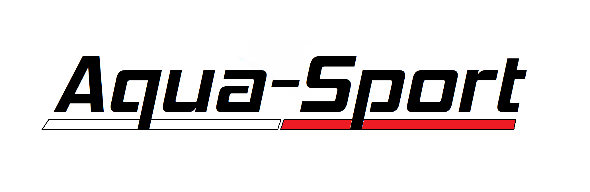 Logo z napisem \'Aqua-Sport\' w czarnym kolorze, z czerwonym i białym paskiem pod literami.