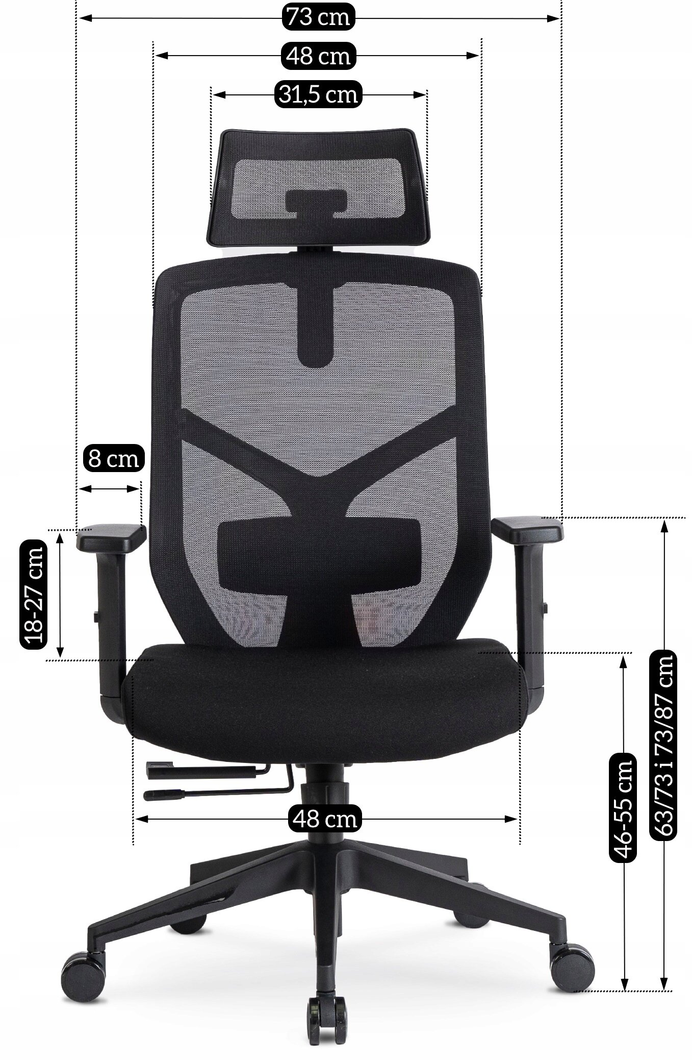 Czarne krzesło obrotowe z ergonomicznym oparciem i regulowanym zagłówkiem, z podanymi wymiarami: szerokość 73 cm, głębokość siedziska 48 cm, wysokość oparcia 63/73/87 cm. Podłokietniki mają regulację wysokości 18-27 cm, a wysokość siedziska wynosi 46-55 cm.