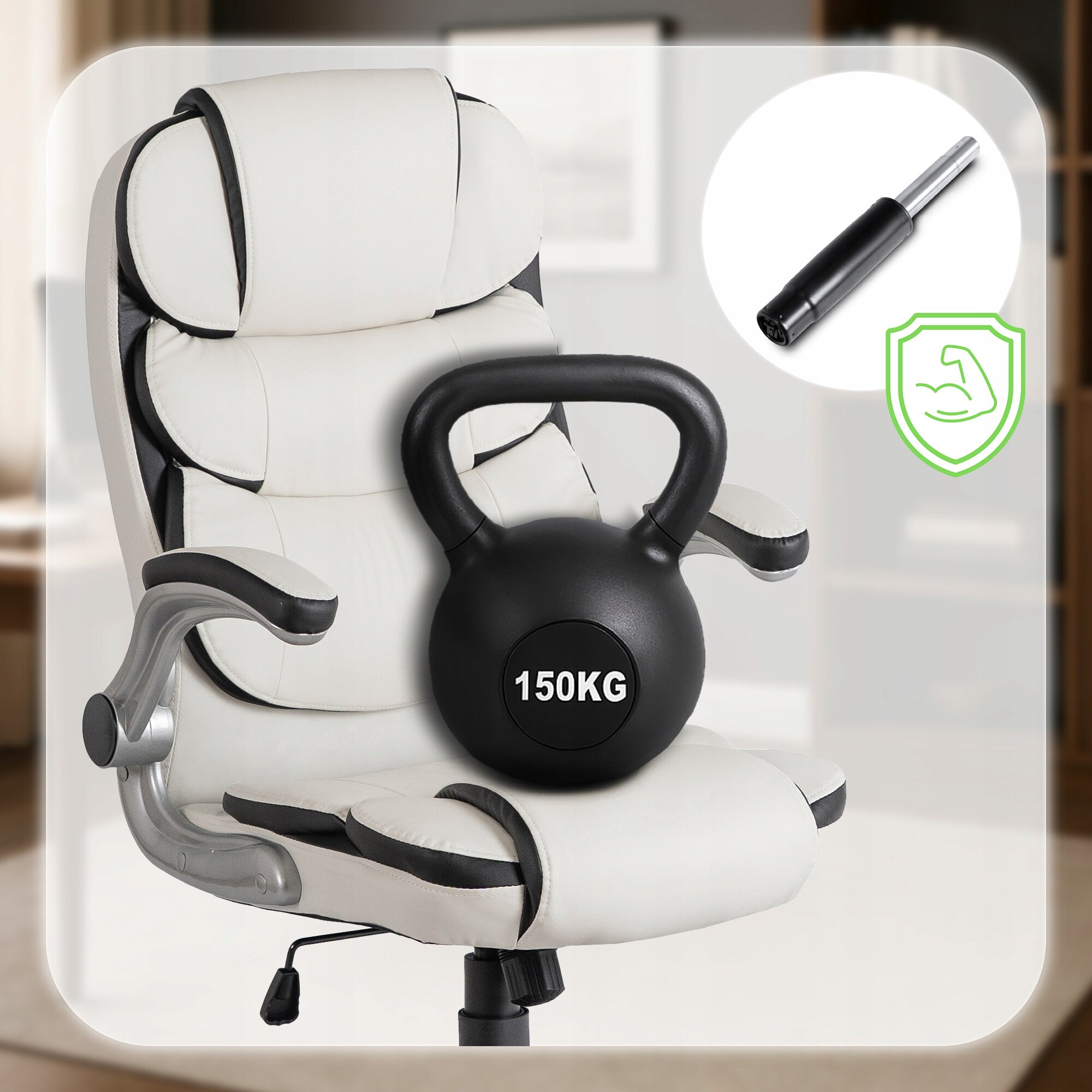 Biały fotel biurowy z czarnymi akcentami, na którym umieszczony jest czarny kettlebell z napisem \'150KG\'. W prawym górnym rogu widoczny jest tłok gazowy oraz zielona ikona z symbolem bicepsa.