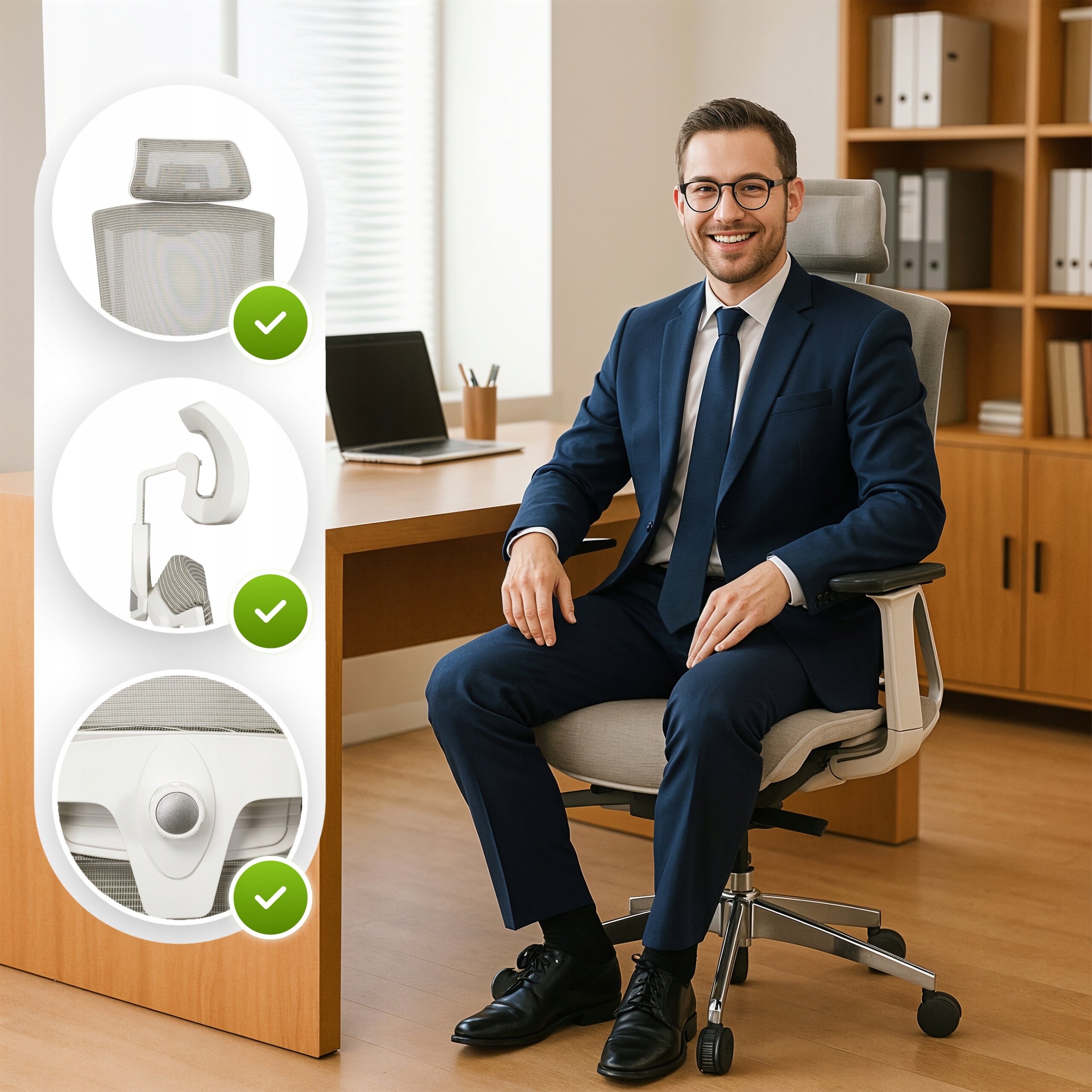 Mężczyzna w garniturze siedzi na beżowym, ergonomicznym fotelu biurowym w nowoczesnym biurze. Obok widoczne są trzy okrągłe grafiki przedstawiające szczegóły konstrukcji fotela z zielonymi znaczkami zatwierdzenia.