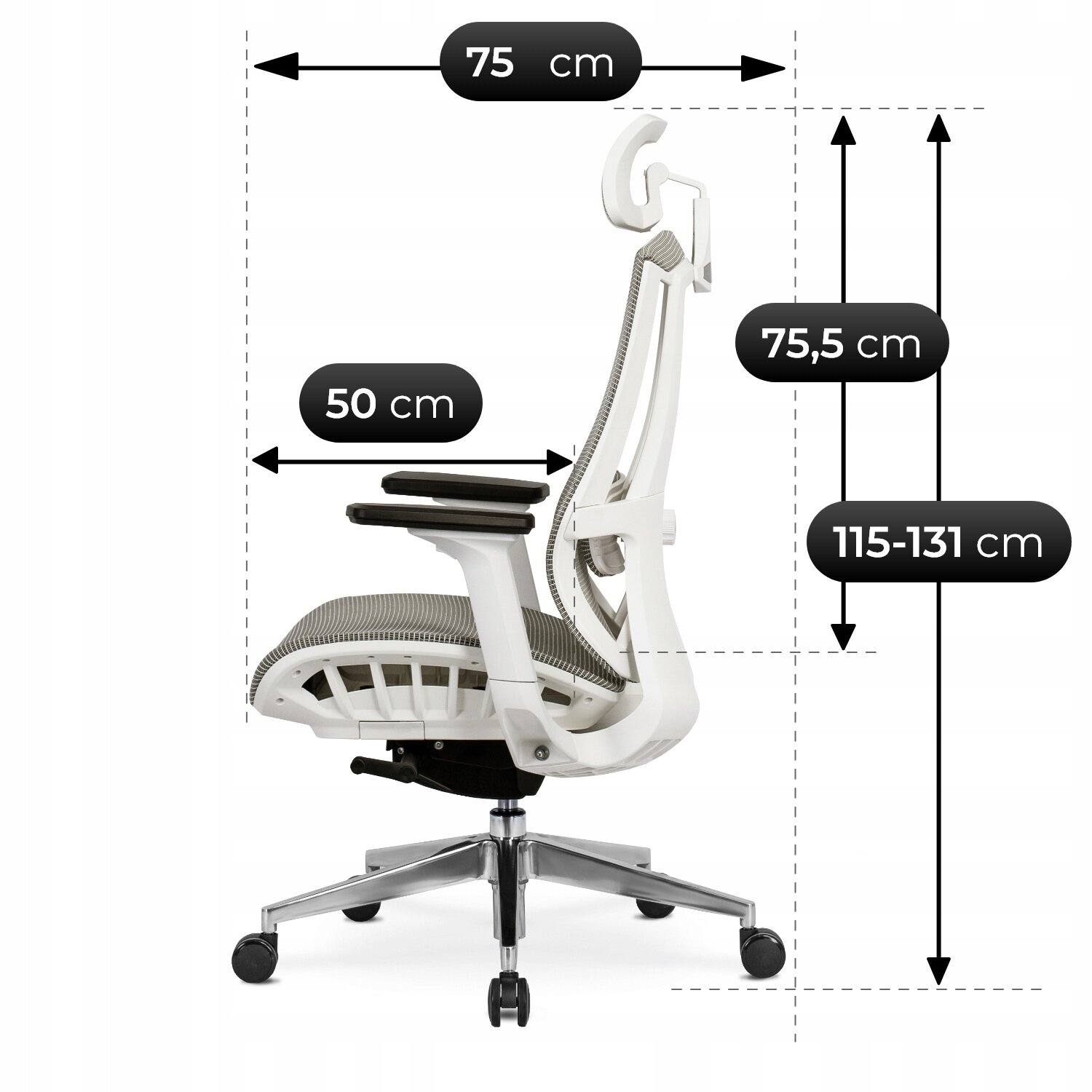 Obraz przedstawia biały fotel biurowy z ergonomicznym oparciem i regulowanym zagłówkiem. Widoczne są wymiary: szerokość 75 cm, głębokość 50 cm, wysokość oparcia 75,5 cm, oraz regulowana wysokość całkowita od 115 do 131 cm.