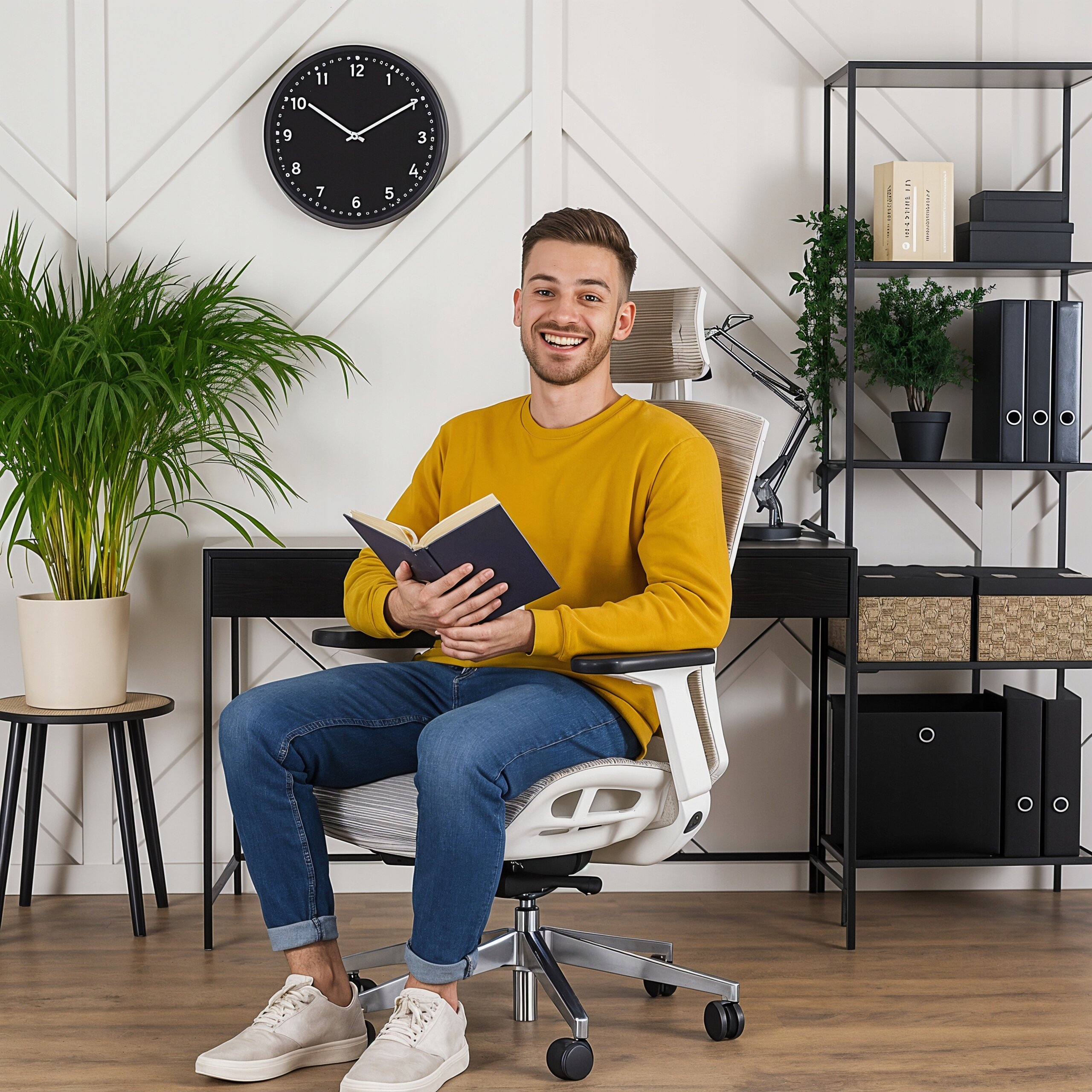 Osoba siedzi na beżowym, ergonomicznym fotelu biurowym w nowoczesnym wnętrzu z rośliną doniczkową i zegarem ściennym. W tle znajduje się regał z książkami i dekoracjami.