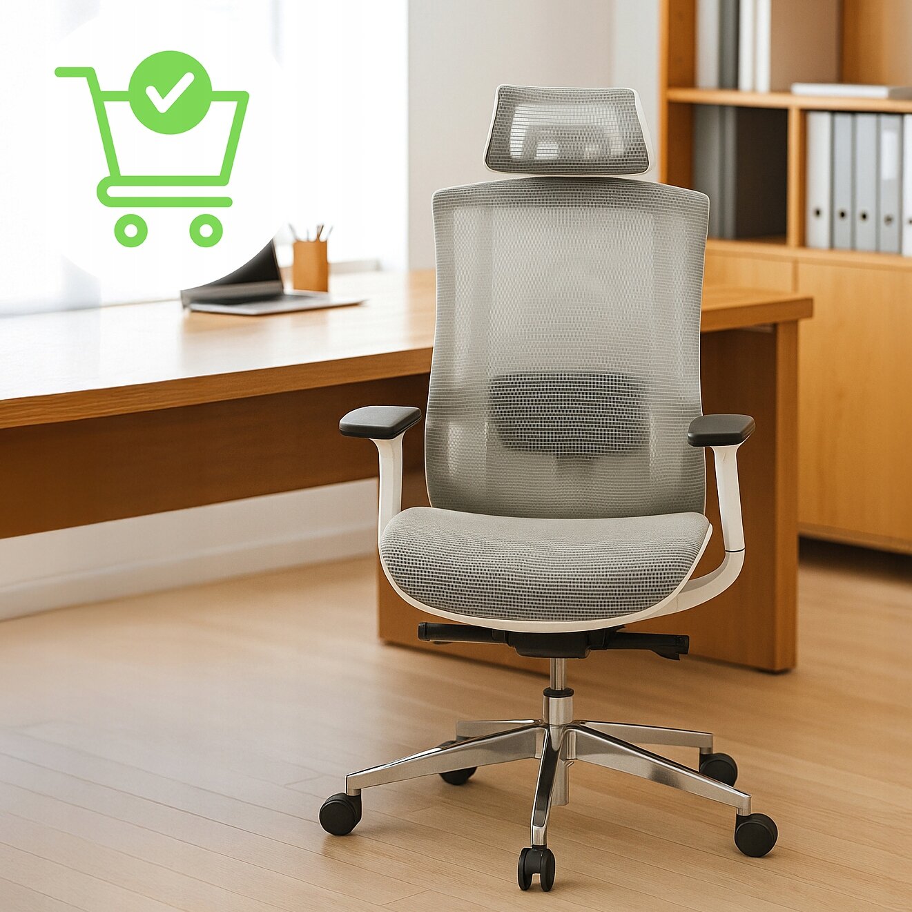 Na obrazie widoczny jest beżowy fotel biurowy z ergonomicznym designem, umieszczony przed drewnianym biurkiem. W tle znajduje się regał z segregatorami, a w lewym górnym rogu widoczna jest zielona ikona koszyka z zaznaczeniem.