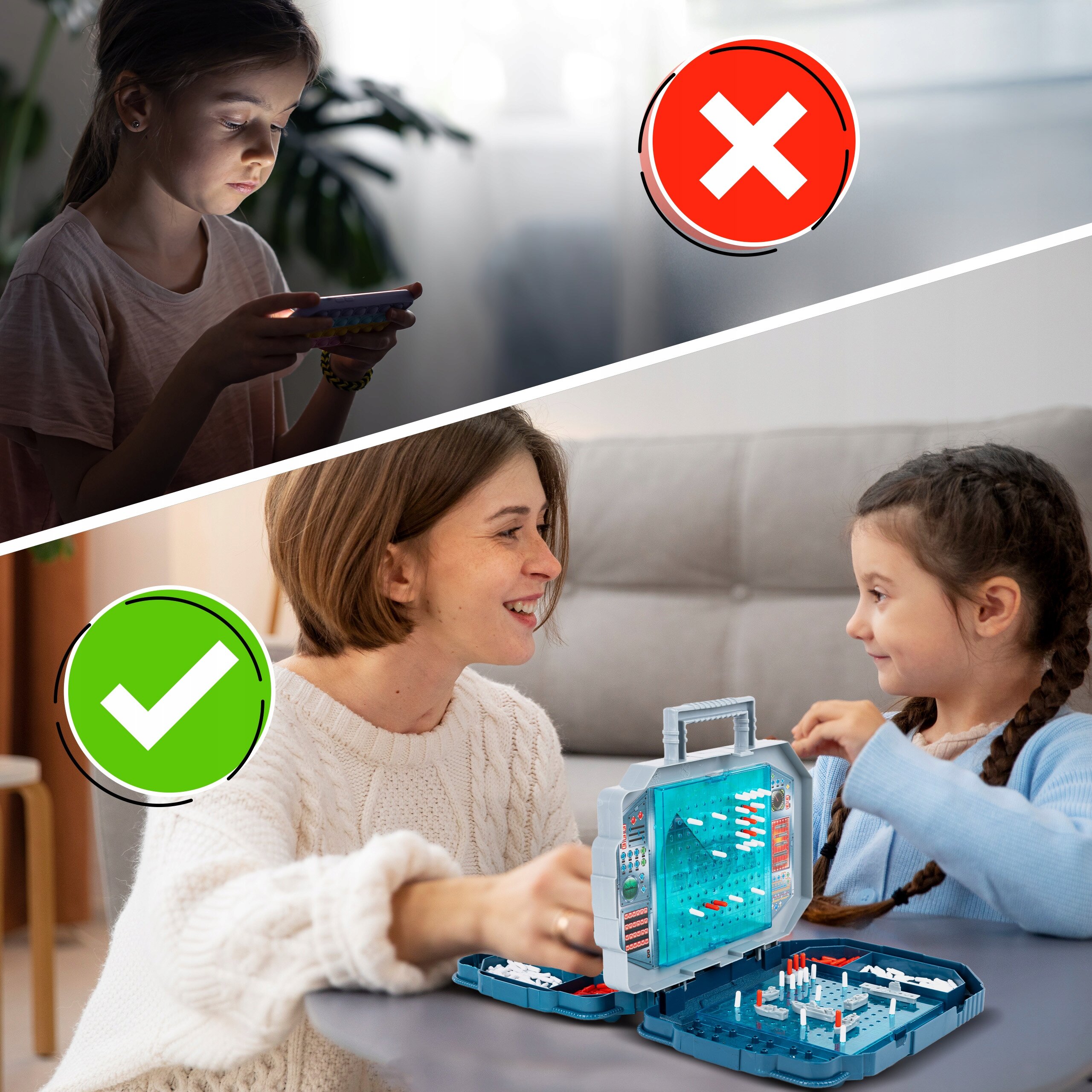 Obraz podzielony na dwie części; na górze dziecko patrzy na urządzenie elektroniczne z czerwonym symbolem X, na dole dwie osoby grają w grę planszową w walizce z zielonym symbolem V.