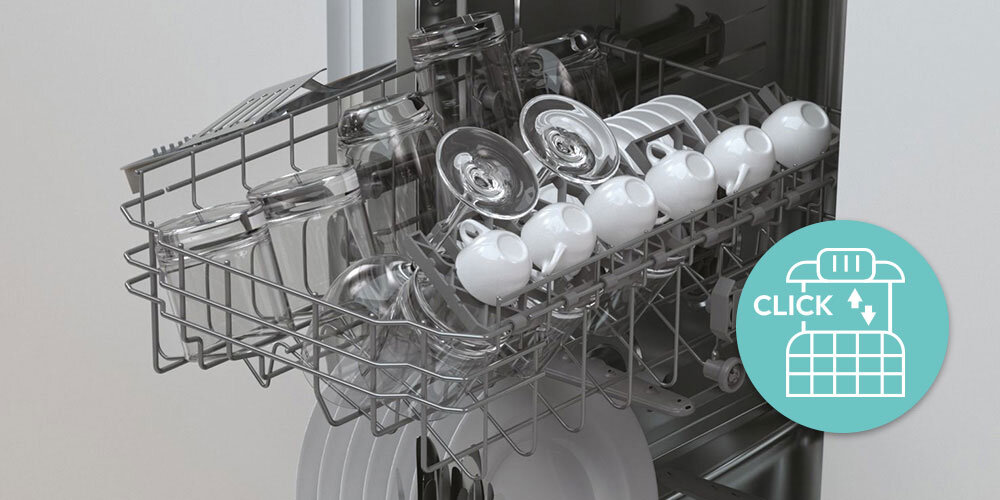 ZMYWARKA CANDY CDIH 2D949 lifestyle kosz infografika naczynia wnętrze Regulacja górnego kosza szybko wygodnie Intuicyjne przyciski regulacja wysokości