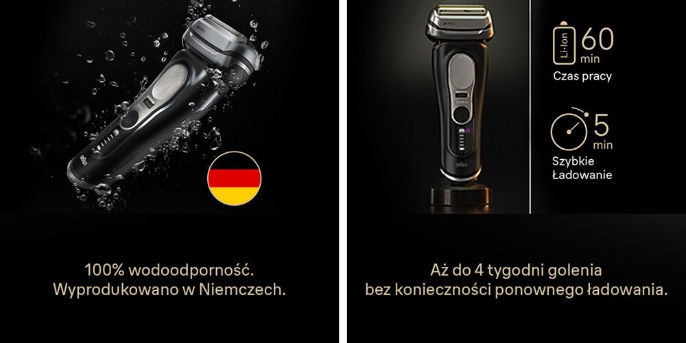 Golarka BRAUN Seria 9 9610S Na mokro i sucho odporna na działanie wody, użycie na mokro i na sucho, etui ładujące power case