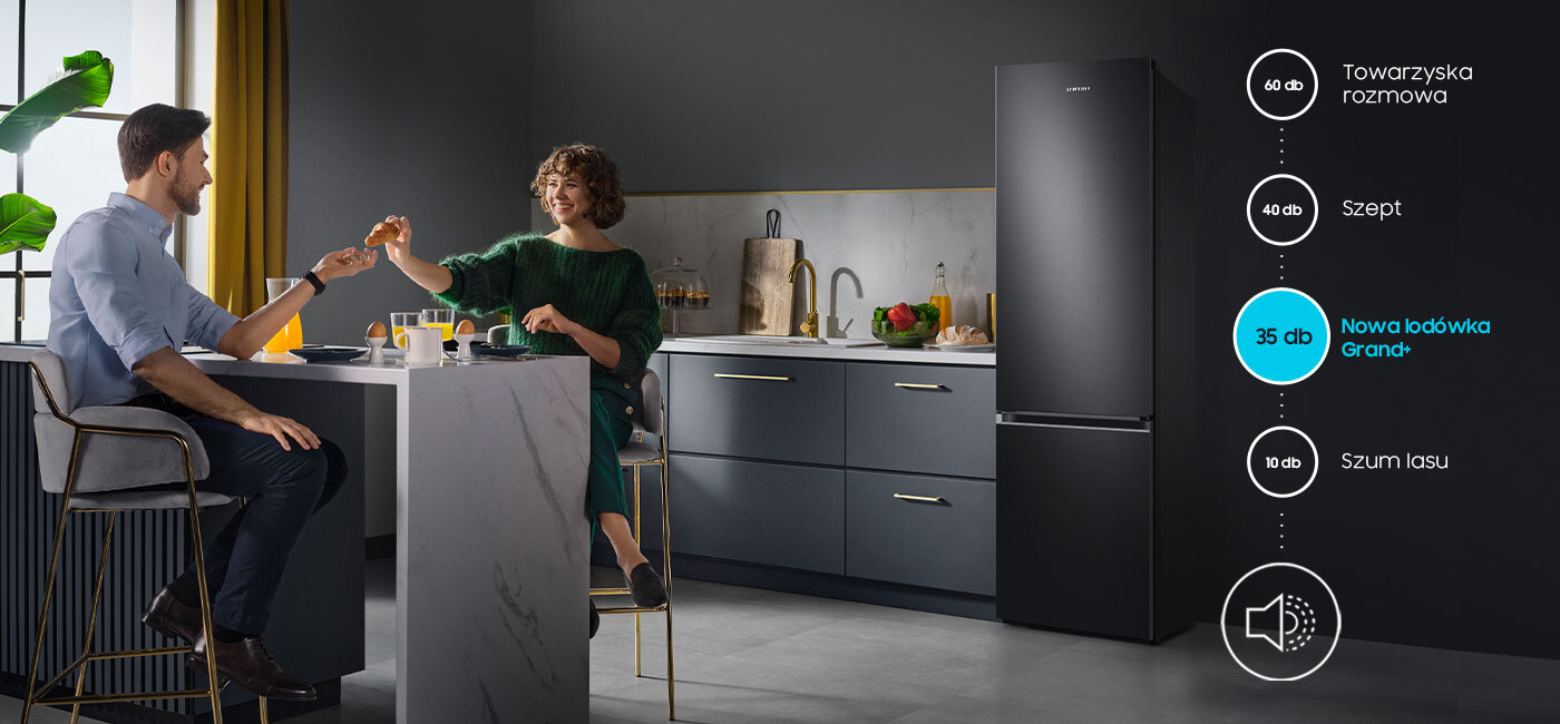 Rozmowa i szept są głośniejsze od lodówki Samsung RB38C603DB1, co pokazuje infografika Rozmowa i szept są głośniejsze od lodówki Samsung RB38C603DB1, co pokazuje infografika