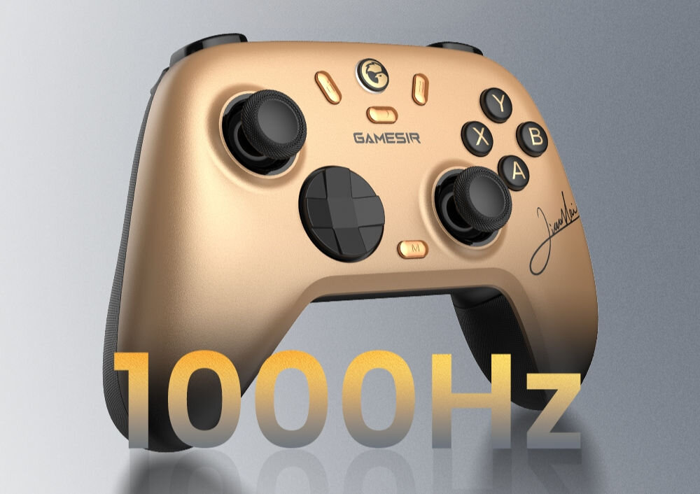 Kontroler GAMESIR Nova 2 Lite Champion Edition Złoty
                z frontu na jasnym tle napis 1000 Hz mechaniczny d-pad switch pc android ios bluetooth przewodowy odbiornik 2.4g niskie opóźnienie polling rate 1000hz